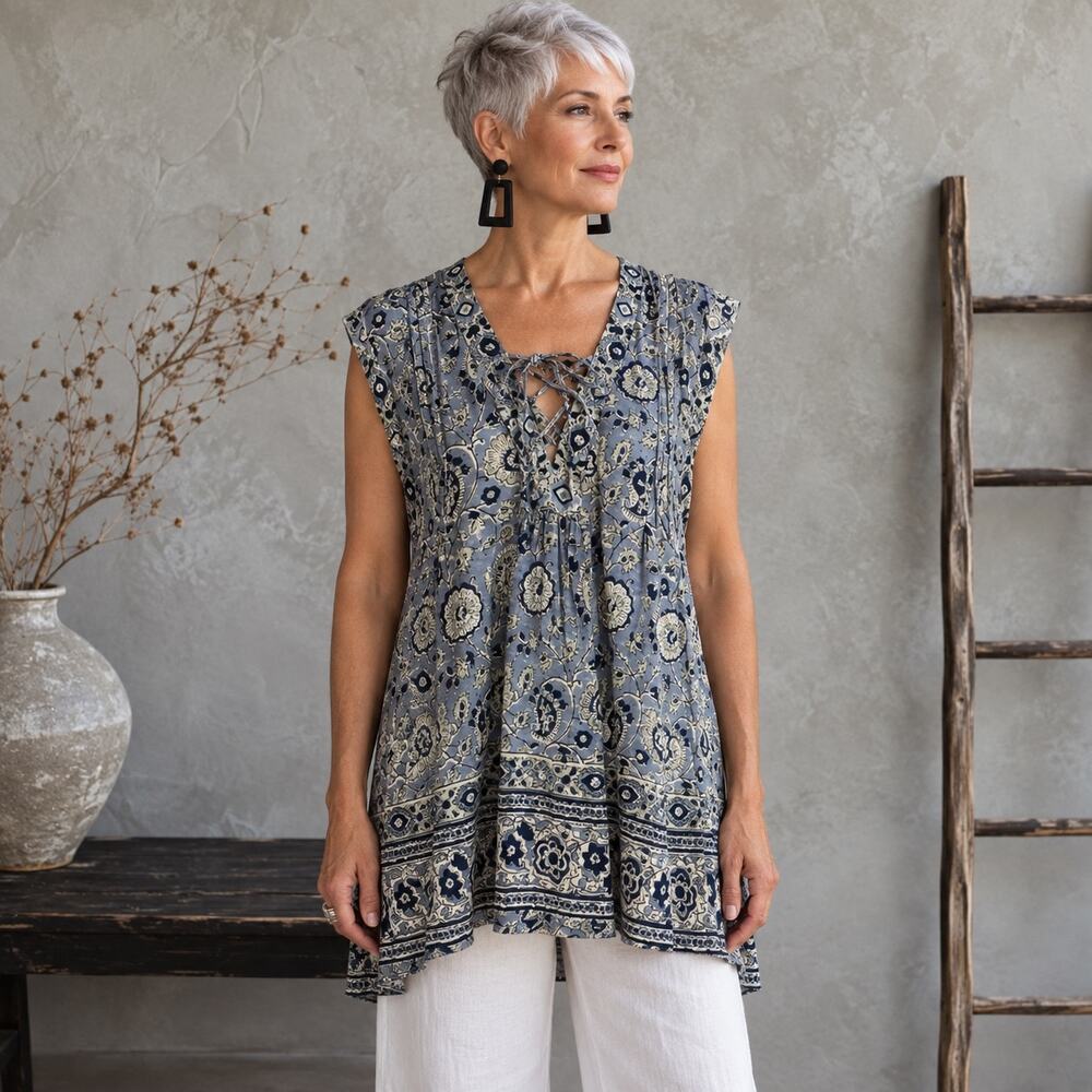 Lucky Brand Blue Floral Sleeveless Lace Up Top Lg